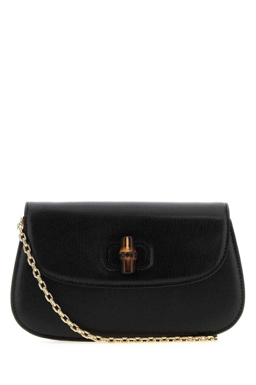 Gucci Bamboo Chain Clutch Bag Leather Black